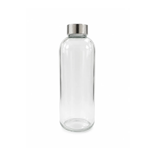 By Kova 1L clear borosilicate glass water bottle with stainless steel lid on white background