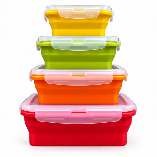 Four collapsible silicone food containers stacked in a tower