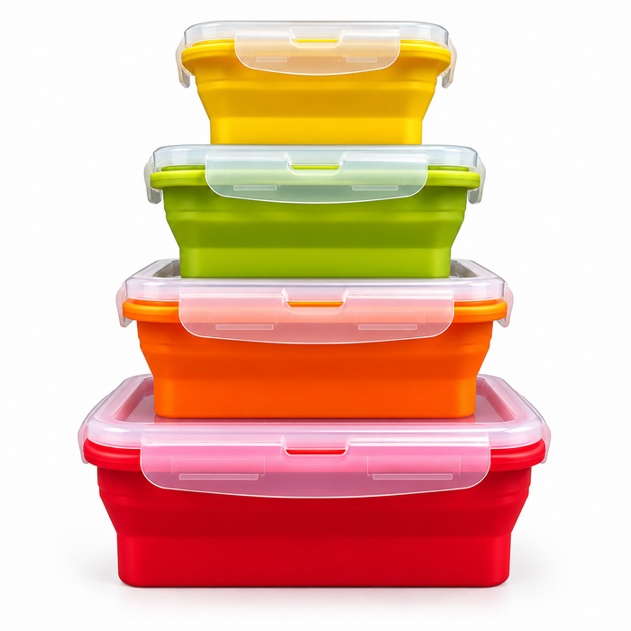 Four collapsible silicone food containers stacked in a tower