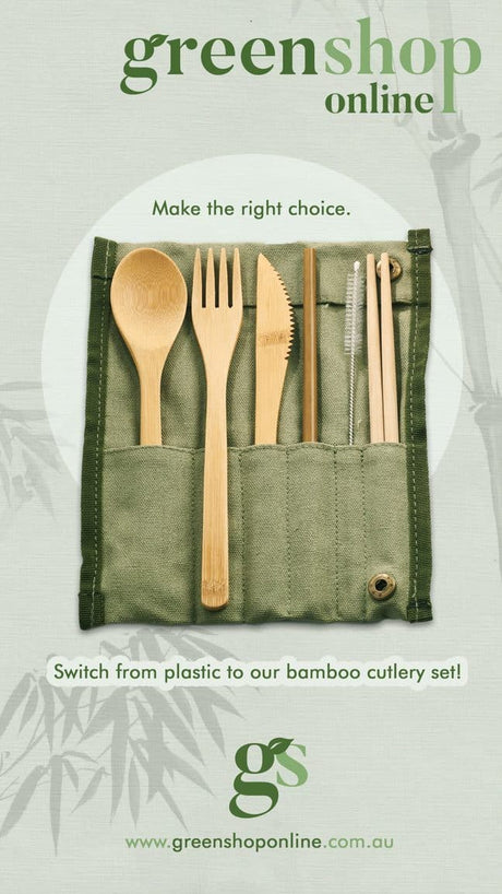 Bamboo Reusable Roll up Cutlery Set 7 Piece - Pack of 10 - Green Shop Online