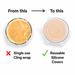 A comparison graphic showing a bowl of orange beverage covered with clear cling wrap on the left and a reusable silicone cover on the right, with text reading 'From this' to 'To this' and labels for single-use cling wrap versus reusable silicone covers.