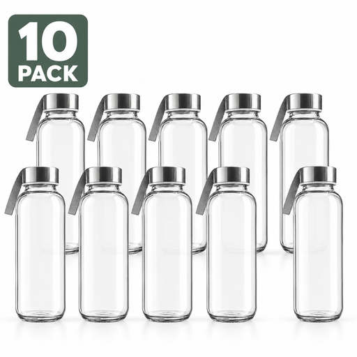 Pack of 10 clear borosilicate glass water bottles with brushed stainless steel screw-top lids and grey fabric carry straps, arranged in two rows on a white background, "10 Pack" badge in top left corner.