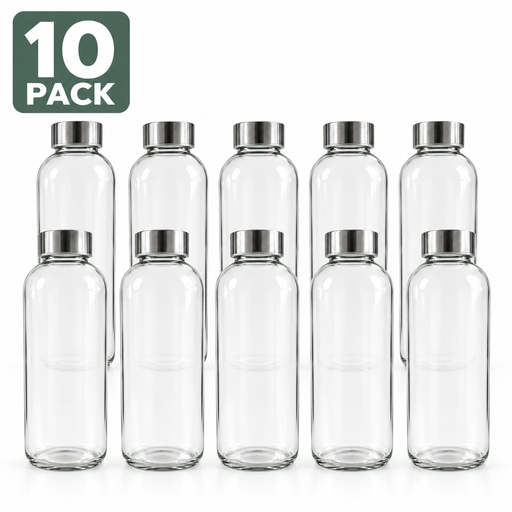 Pack of 10 clear borosilicate glass water bottles with brushed stainless steel screw-top lids, arranged in two rows on a white background, "10 Pack" badge in top left corner.