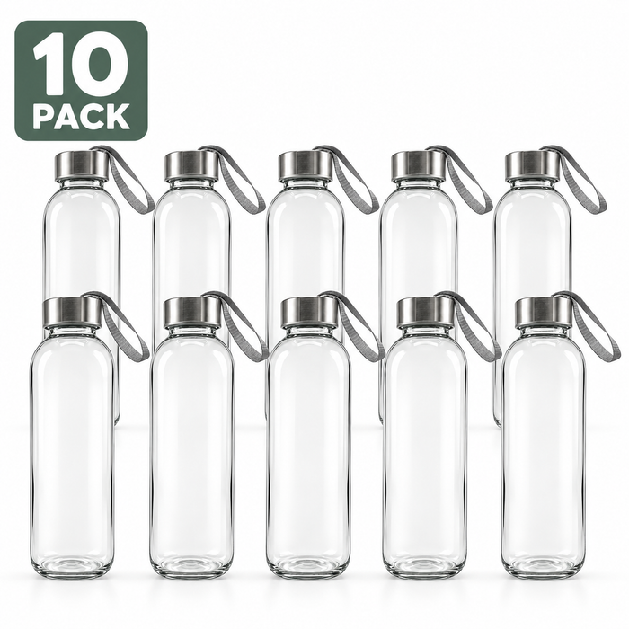 Pack of 10 clear borosilicate glass water bottles with brushed stainless steel screw-top lids and grey fabric carry straps, arranged in two rows on a white background, "10 Pack" badge in top left corner.