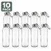 Pack of 10 clear borosilicate glass water bottles with brushed stainless steel screw-top lids and grey fabric carry straps, arranged in two rows on a white background, "10 Pack" badge in top left corner.