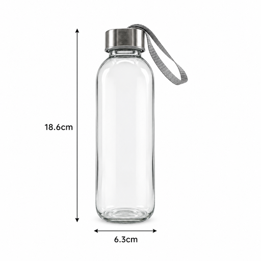 Clear borosilicate glass water bottle with stainless steel lid and grey carry strap, dimension diagram showing 18.6cm height and 6.3cm base width.
