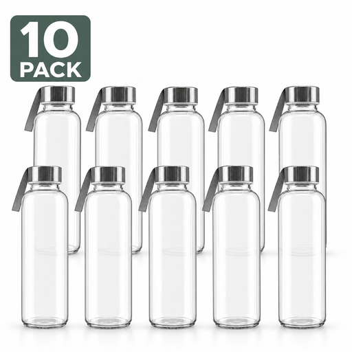 Pack of 10 clear borosilicate glass water bottles with brushed stainless steel screw-top lids and grey fabric carry straps, arranged in two rows on a white background, "10 Pack" badge in top left corner.