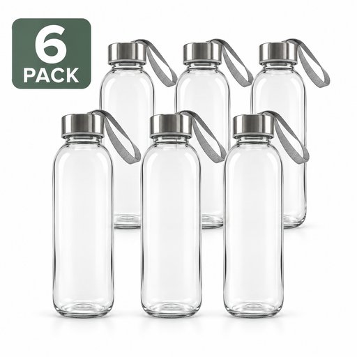 Pack of 6 clear borosilicate glass water bottles with brushed stainless steel screw-top lids and grey fabric carry straps, arranged in two rows on a white background, "6 Pack" badge in top left corner.