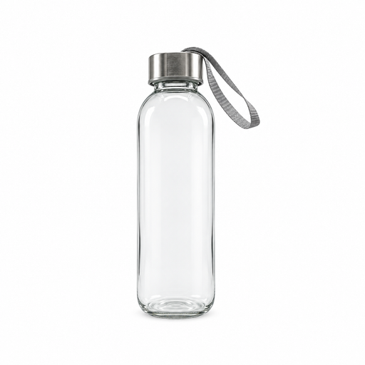 Clear borosilicate glass water bottle with a brushed stainless steel screw-top lid and grey fabric carry strap, on a white background.