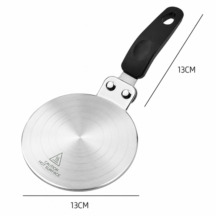 By Kova induction adapter plate dimensions, 13cm diameter by 13cm handle length
