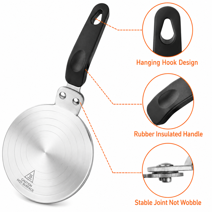 By Kova induction adapter plate features: hanging hook design, rubber insulated handle, stable no-wobble joint