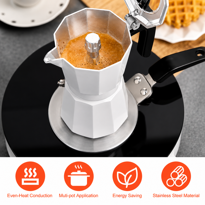 Moka pot brewing coffee on induction cooktop using By Kova induction adapter plate