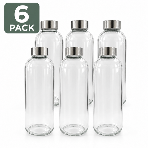 Six clear glass water bottles with silver metal screw caps, arranged in two rows on a white background, with a green '6 PACK' label in the top-left corner.