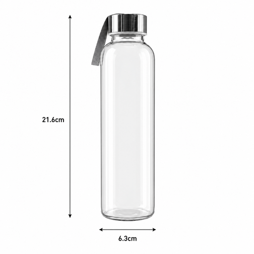 Clear glass water bottle with a silver metal cap and carrying loop, shown with dimension markers indicating a height of 21.6cm and a base diameter of 6.