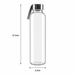 Clear glass water bottle with a silver metal cap and carrying loop, shown with dimension markers indicating a height of 21.6cm and a base diameter of 6.