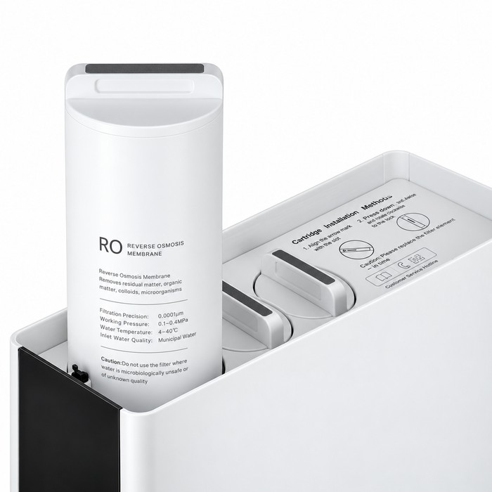 Cara RO water filter cartridge chamber showing reverse osmosis membrane with 0.0001 micron filtration precision and cartridge installation instructions