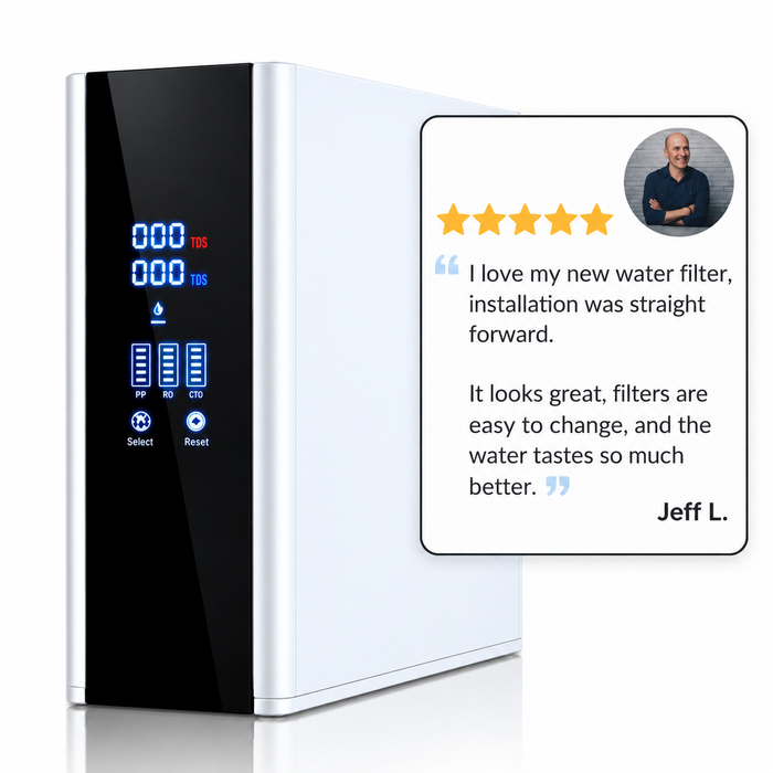 Cara reverse osmosis water filter system with five-star customer testimonial reading "I love my new water filter, installation was straightforward" from reviewer Jeff L.