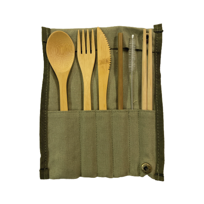 Bamboo Reusable Roll up Cutlery Set - 7 piece Olive