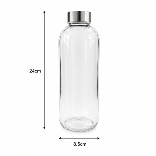 A clear glass bottle with a silver metallic cap, shown with dimension lines indicating a height of 24cm and a width of 8.5cm on a white background.