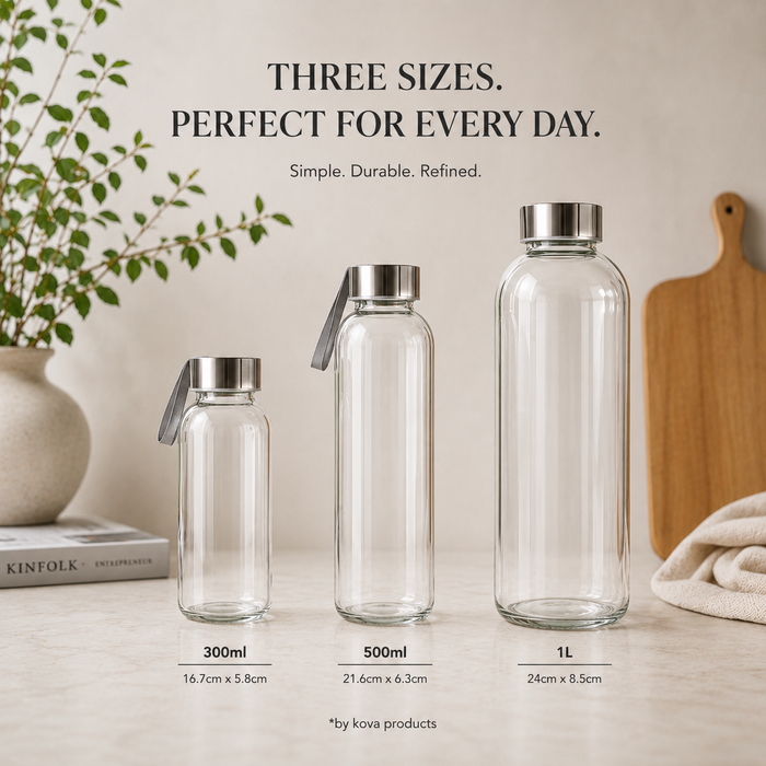 Three clear glass water bottles in 300ml, 500ml, and 1L sizes with silver caps, displayed on a light beige surface with size labels and text reading 'THREE SIZES. PERFECT FOR EVERY DAY.