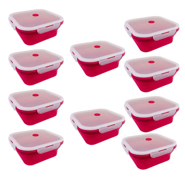 Silicone Square Foldable Lunch Box - Red - 10 Pack Bundle