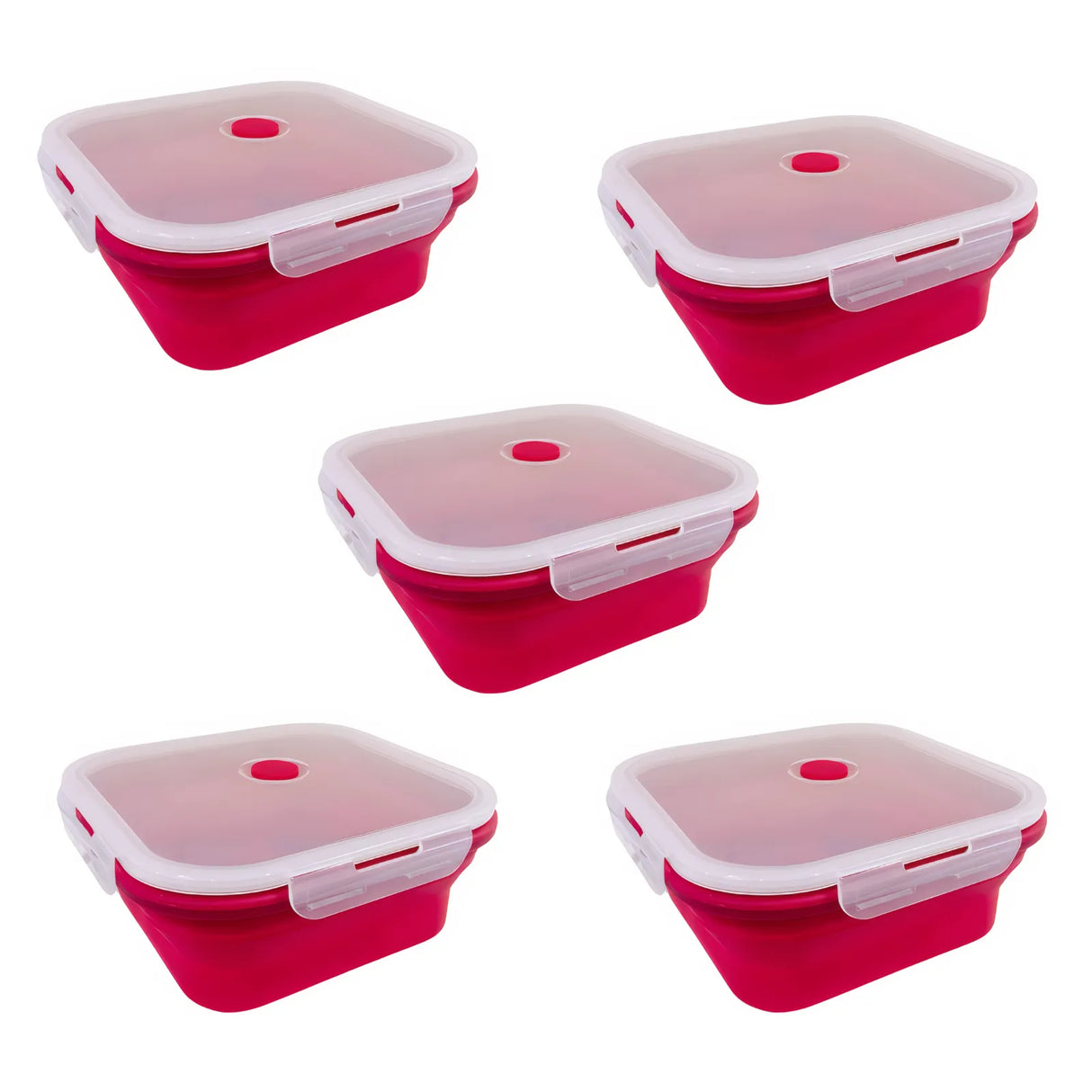 Silicone Square Foldable Lunch Box - Red - 5 Pack Bundle
