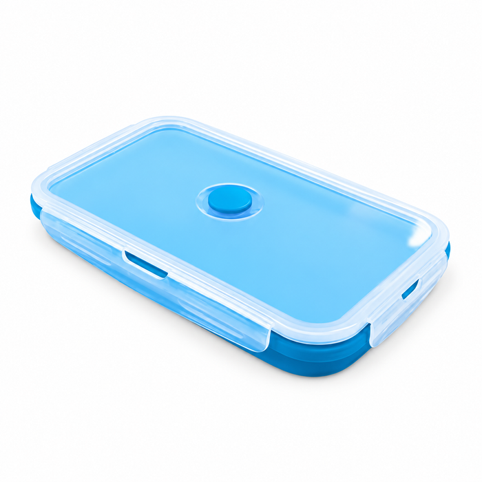 Blue 800ml collapsible silicone lunch box shown from an angle