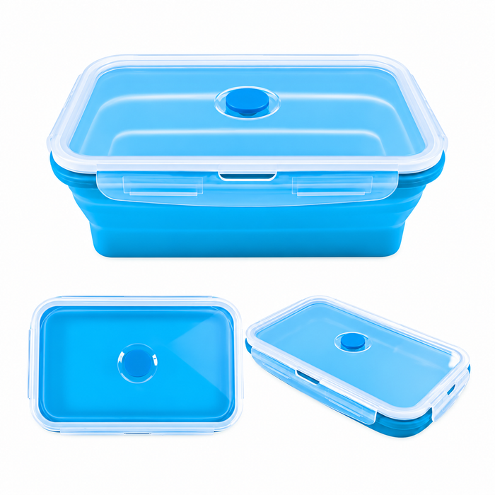 Top view of a blue 800ml rectangle silicone lunch box with its clip-on lid
