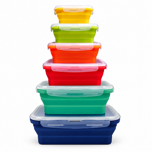 Pack & Stack 6-piece collapsible silicone lunch box set in yellow, olive, orange, red, green and blue, 350ml to 2450ml