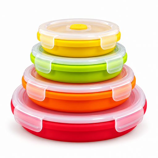 Pack & Stack round collapsible silicone food containers with lids, 4 pack from 350ml to 1200ml