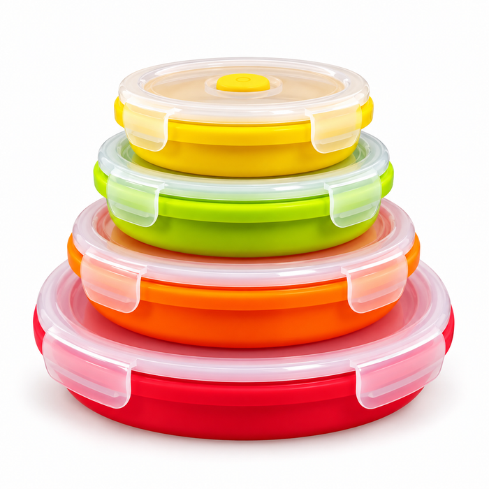 Pack & Stack round collapsible silicone food containers with lids, 4 pack from 350ml to 1200ml