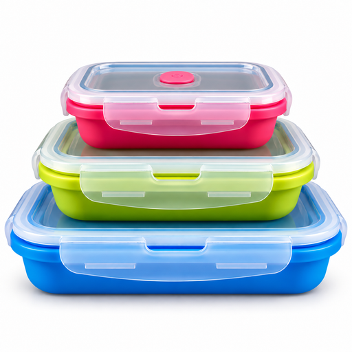 Pack & Stack Jumbo large silicone food storage containers in pink 900ml, green 2100ml and blue 3400ml