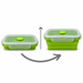 Collapsible silicone snack container shown folded flat and fully open for space saving storage