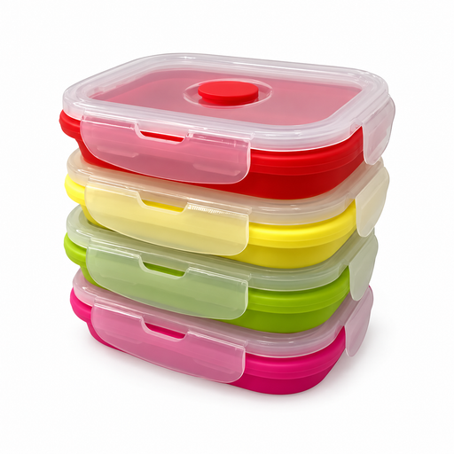 4 Pack & Stack collapsible silicone snack containers, 350ml, in green, yellow, red and pink with clip-on lids