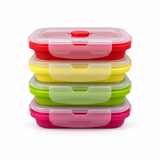 Side view of a small collapsible silicone snack container showing its 350ml expanded height