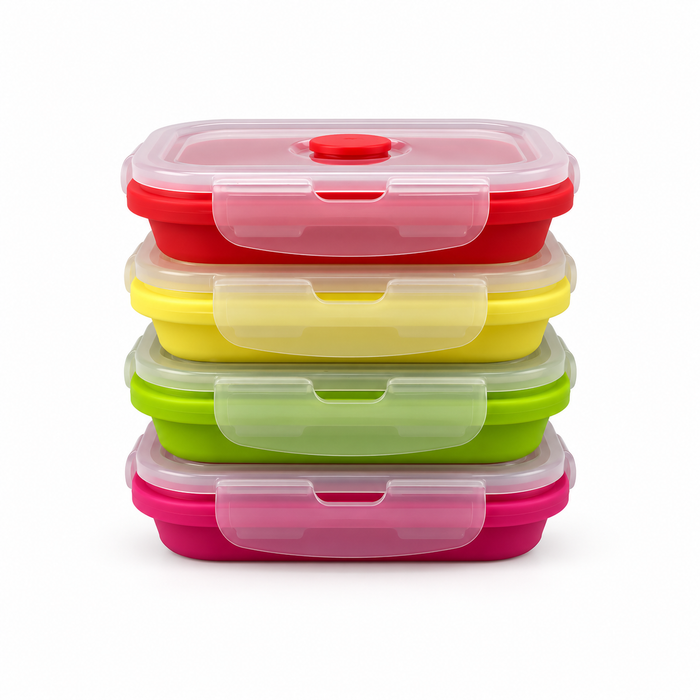Side view of a small collapsible silicone snack container showing its 350ml expanded height