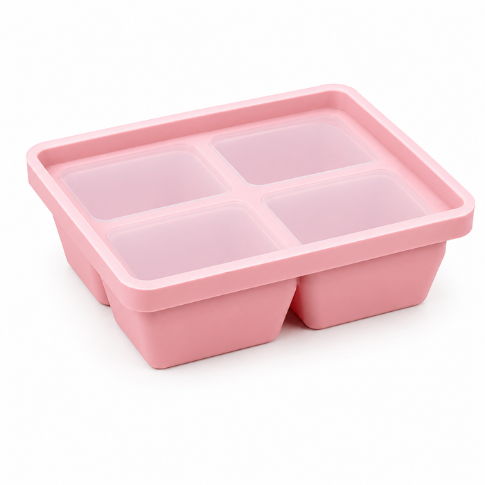 Pink silicone freezer tray with lid, 4 compartments for baby food portions and batch meal prep