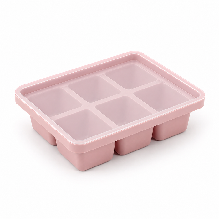 Pink silicone freezer tray with lid, 6 compartments for baby food portions and batch meal prep