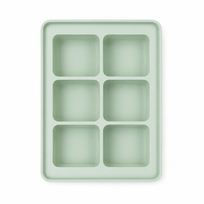 Mint green 6-compartment silicone baby food freezer tray, top view showing deep portion wells