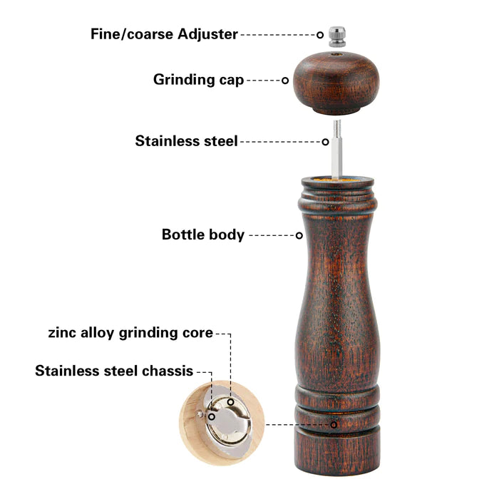 Pepper mill 35 x 6cm wooden body with zinc alloy grinder