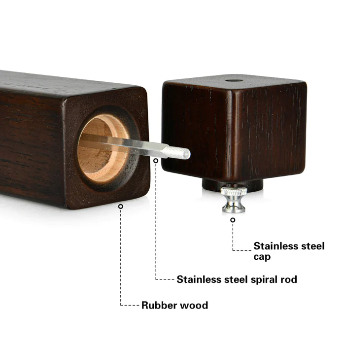 Square Pepper mill 21.5 x 5cm Rubber wood body with zinc alloy grinder
