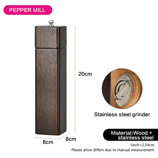 Square Pepper mill 21.5 x 5cm Rubber wood body with zinc alloy grinder