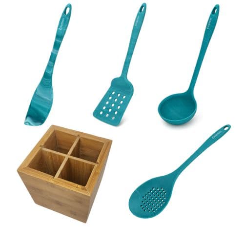 Premium Bamboo Utensil Holder Caddy 12.3 x 12.3 x 12.7cm - 4 Piece Delux - Green Shop Online