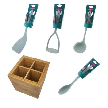 Premium Bamboo Utensil Holder Caddy 12.3 x 12.3 x 12.7cm - 4 Piece Set - Green Shop Online