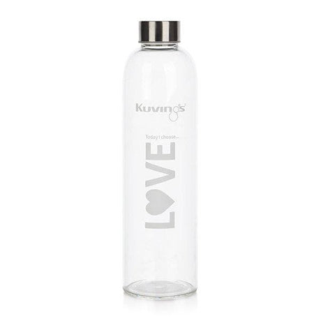 1 Litre Glass Bottle with Stainless Steel Lid, Neoprene Pouch - Joy Peace Love - Green Shop Online
