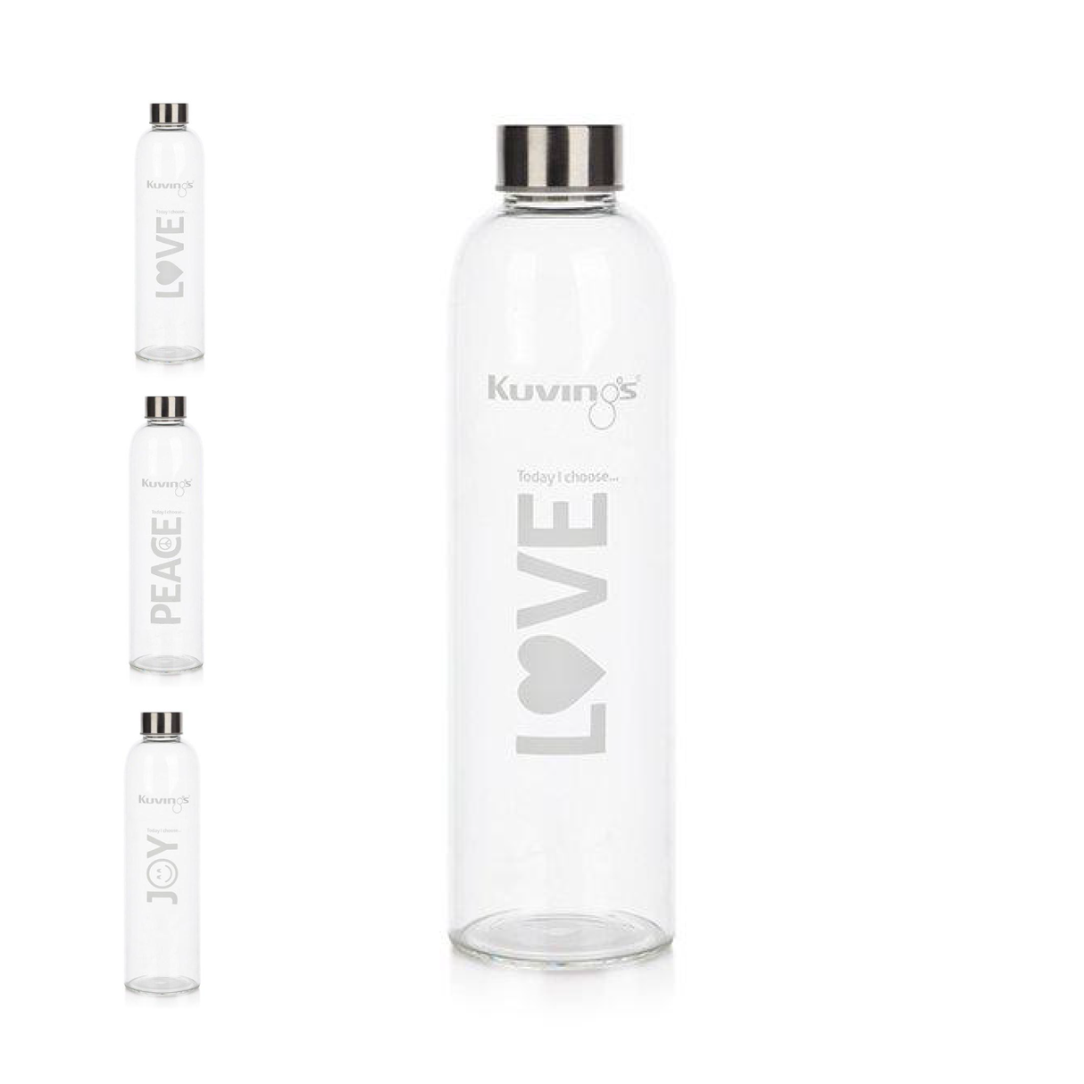 1 Litre Glass Bottle with Stainless Steel Lid, Neoprene Pouch - Joy Peace Love - Green Shop Online