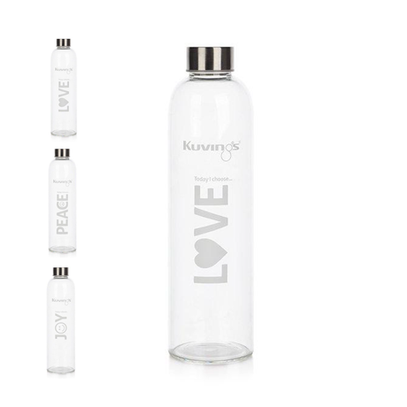 1 Litre Glass Bottle with Stainless Steel Lid, Neoprene Pouch - Joy Peace Love - Green Shop Online