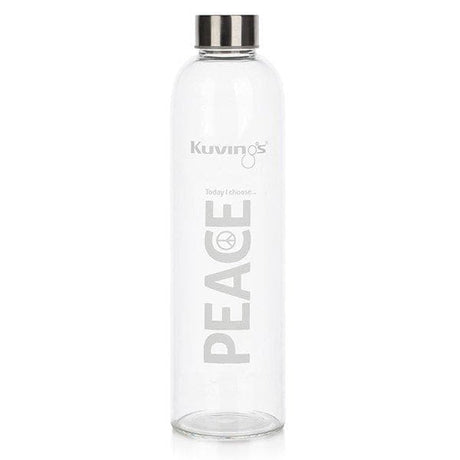 1 Litre Glass Bottle with Stainless Steel Lid, Neoprene Pouch - Joy Peace Love - Green Shop Online