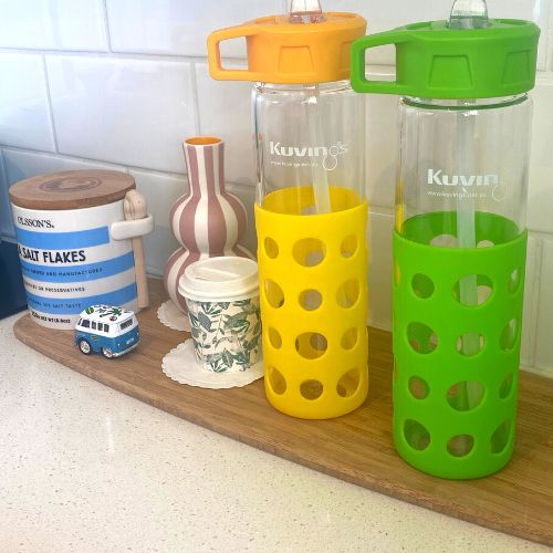 Toughened Glass – Drink Bottle with Silicone Sleeve and straw - 550ml - Green Shop Online