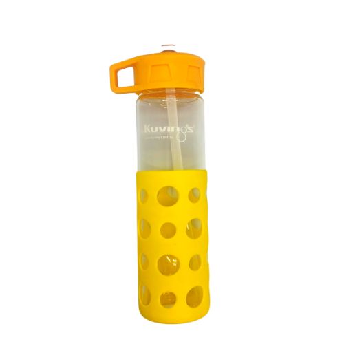 Toughened Glass – Drink Bottle with Silicone Sleeve and straw - 550ml - Green Shop Online